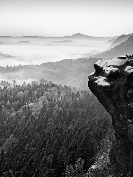 Névoa da manhã de outono. O penhasco de arenito acima das copas das árvores do vale da floresta, amanhecer — Fotografia de Stock