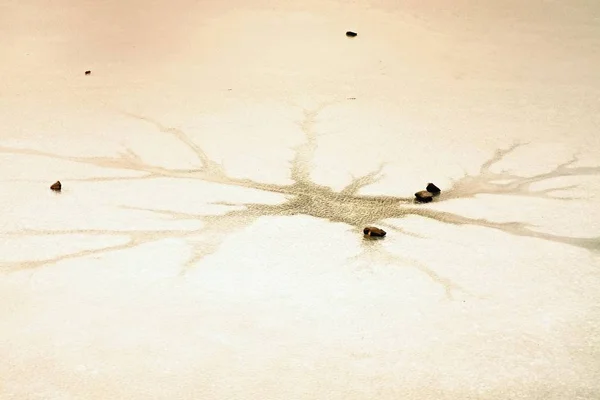 Risse und Eislöcher am Teich, dunkles Eis in Loch und Stein herum. — Stockfoto