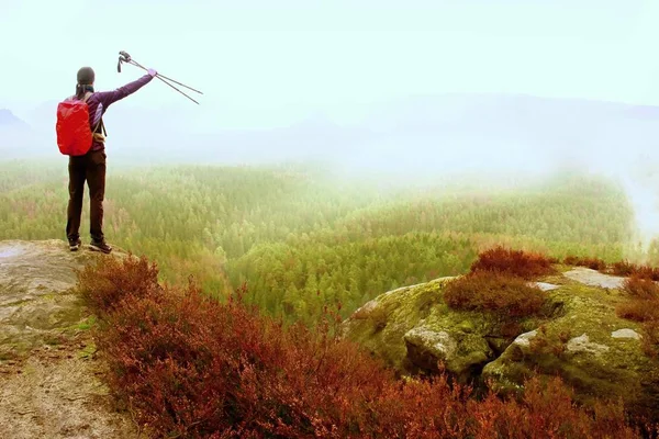 Polonyalılar havada dağ Vadisi, açık görünümü ile yalnız yetişkin backpacker puslu yağmurlu bir gün