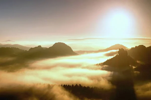 Nascer do sol em uma bela montanha de Checo-Saxônia Suíça. picos de arenito aumentado de nevoeiro, o nevoeiro é laranja devido aos raios de sol . — Fotografia de Stock