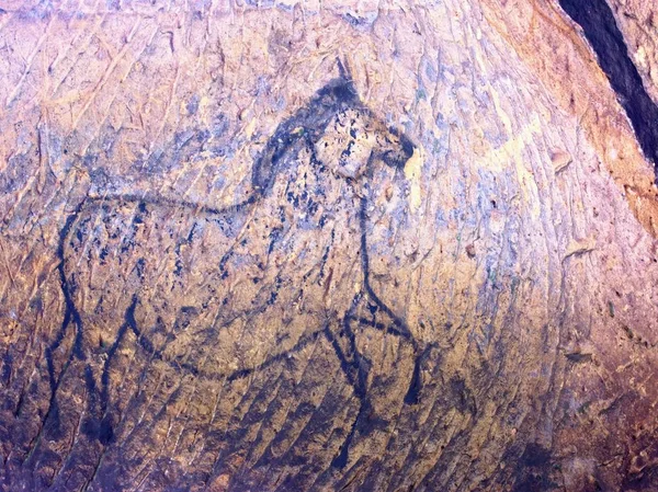 Régi barlang. Fekete festék a fal homokkő lovak, — Stock Fotó