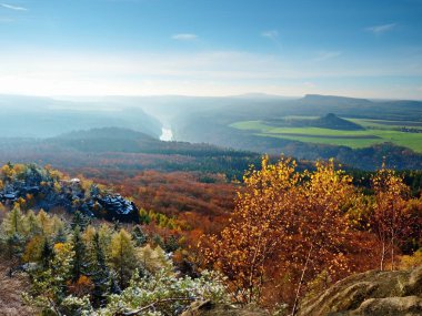 İlk toz kar örtüsü Vadisi Parkı yukarıda kumtaşı buzlu. Ağır Sis Vadisi 