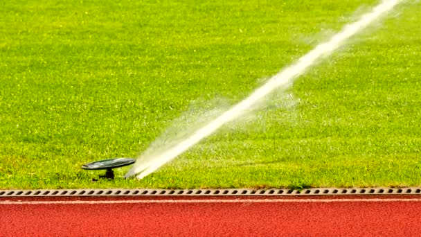 Foci, vagy futball mező öntözőrendszer, automata öntözés fű. Öntözés a labdarúgó-játékteret piros gumi versenypályák szabadtéri stadionban — Stock videók