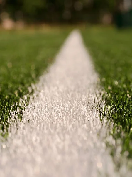 White line marks painted on artificial green turf background. Winter football playground