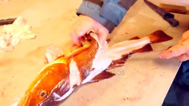 Temizlik ve taze deniz Morina balığı bir aile fabrikasında filleting işçi. Dorsal kesim ve ayırma fileto balık kemikleri, cesaret kaldırma gelen. 