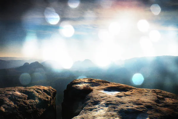 Film effect. Amazing  daybreak in Saxony Switzerland park. Sandstone peaks increased from foggy background — Stock Photo, Image