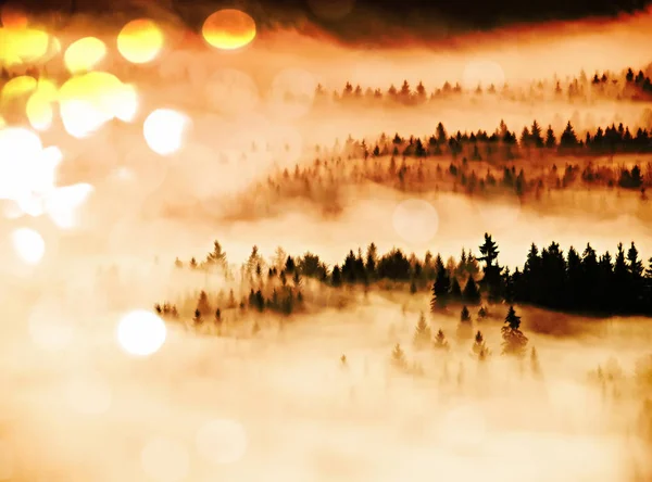 Filmeffect.Roze dageraad in heuvelachtig landschap. Herfst mistige ochtend in een prachtige heuvels. Pieken van bomen — Stockfoto