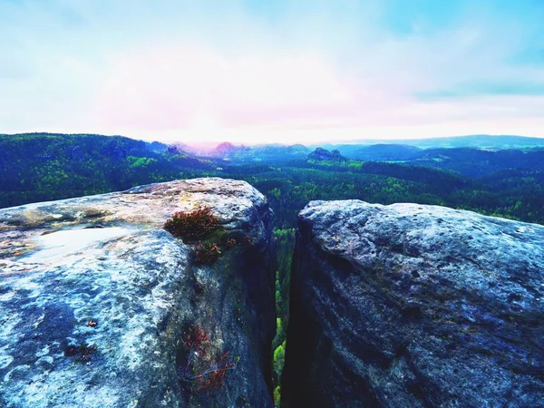 Morgon utsikt över sandsten klippa in skogen dalen, gryning solen vid horisonten. Vassa foorest kullar — Stockfoto