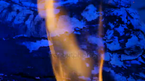 Синее пламя, пылающее в камине. Горящий лес дрожит в горячем воздухе и голубое пламя флуоресцирует. Белая ясень покрывает горящие куски дерева . — стоковое видео