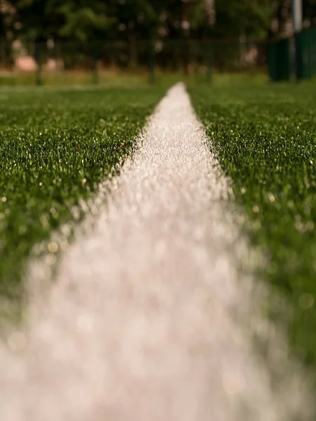 Белые линии отмечены на искусственном зеленом фоне. Зимняя футбольная площадка — стоковое фото
