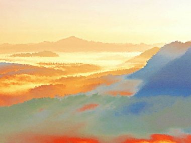 Düşük poli. Puslu bir güzel tepelerde uyanış. Hills doruklarına sis yapışkanlık dışarı