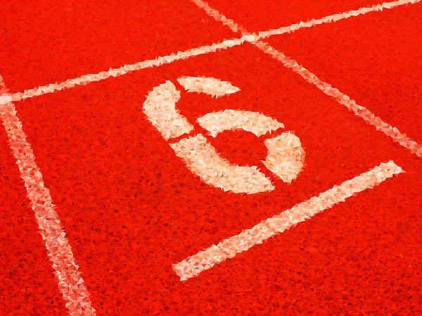 Low poly. White track number on red rubber racetrack, texture of running racetrack