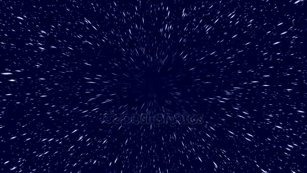 Voler à travers l'hyper espace sombre avec des étoiles zoomant sur la caméra. Cela peut être coupé en une boucle transparente que les particules recyclent régulièrement . — Video