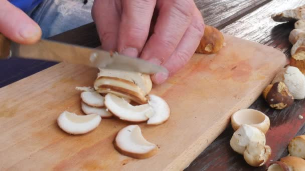 Nice wild mushrooms are cut with knife into small pieces on wooden chopping board. Man hands cut boletus slice on wooden table — Stock Video