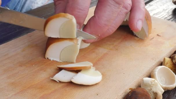 Niza setas silvestres se cortan con cuchillo en trozos pequeños en la tabla de cortar de madera. Hombre manos corte boletus rebanada en mesa de madera — Vídeos de Stock