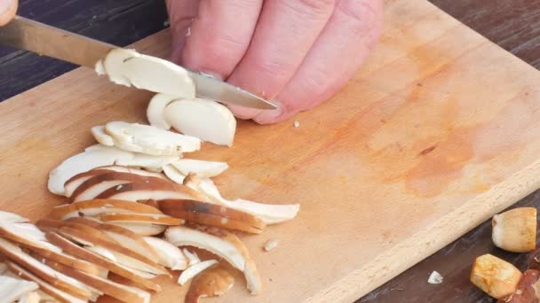 Feche o tiro de mãos com uma faca que corta cogumelos. A mão de homem cuidadosamente cortou cogumelos selvagens em uma placa de madeira de cozinha — Vídeo de Stock