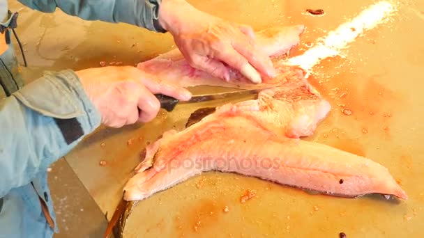 Limpeza de trabalhadores e filetagem de bacalhau marinho fresco em uma fábrica familiar. Filetes de corte e separação dorsais de ossos de peixe, que removem tripas . — Vídeo de Stock