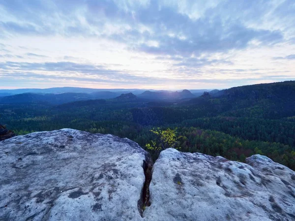 Morgenblick über Risssandsteinkante ins Waldtal, Morgensonne am Horizont. — Stockfoto