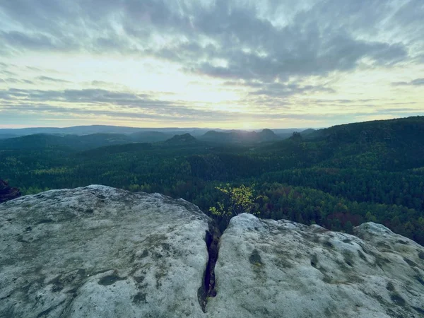Sabah Doğa bahar. Kırık kumtaşı cliff orman Vadisi yukarıda daybreak güneş ufka