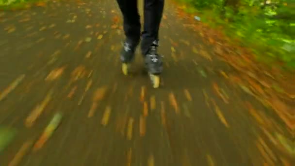 Patinage à roues alignées en plein air sur asphalte glissant humide dans la forêt automnale. Jambes d'homme en pantalon de course noir. Mouvement rapide des bottes en ligne sur la route couverte de feuilles automnales colorées .. — Video