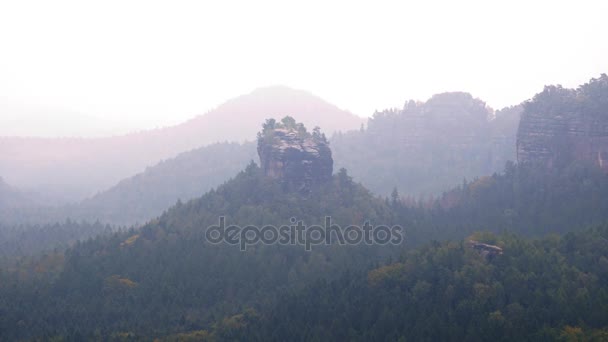 30 ips chronométré. Rochers pointus cachés dans la vallée pleine de brouillard épais Printemps matin brumeux dans un paysage magique — Video