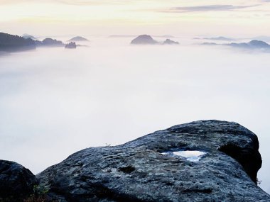 Keskin kumtaşı kenar üzerinde uzun vadide ilk sonbahar sis tam görüntüleyin. Sisli orman Vadisi Milli park ben