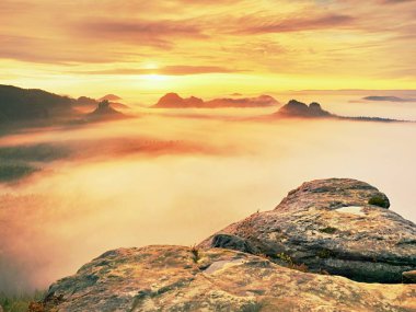 Keskin kumtaşı kenar üzerinde uzun vadide ilk sonbahar sis tam görüntüleyin. Sisli orman Vadisi Milli park ben