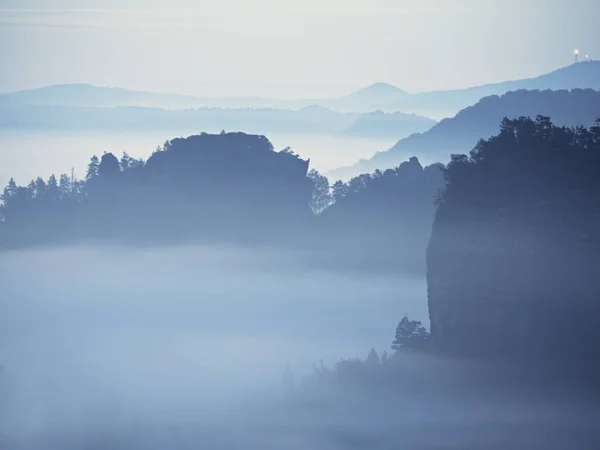 Dromerige landschap verloren in de dikke mist. Fantastische ochtend gloeiende door zacht zonlicht, mistige vallei. — Stockfoto
