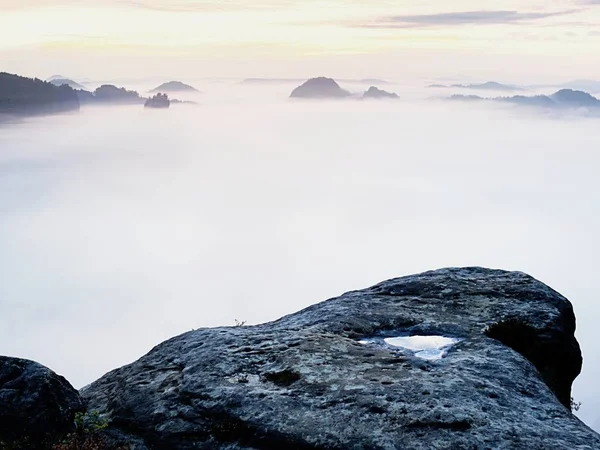 Keskin kumtaşı kenar üzerinde uzun vadide ilk sonbahar sis tam görüntüleyin. Sisli orman Vadisi Milli park ben