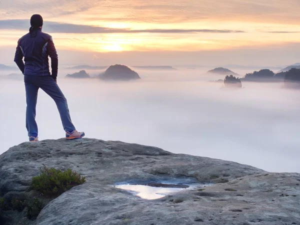 Adam sahanın kaya tepe üzerinde tek başına. Sonbahar güneş ufka izlerken uzun yürüyüşe çıkan kimse. Güzel anı doğa mucizesi. Renkli sis Vadisi'nde. Adam zam. Kişi siluet standı
