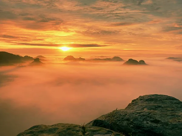 Widok na piaskowca ostrych krawędzi do długiej dolinie pełnej pierwsze jesienne mgły. W dolinie mglisty Las Narodowy park, i — Zdjęcie stockowe