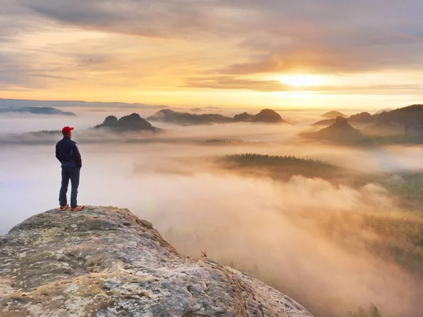 Человек стоит один на вершине скалы. Hiker watching to autumn Sun at horizon. Прекрасный момент чудо природы. Красочный туман в долине. Мужской поход. Силуэт для лица — стоковое фото