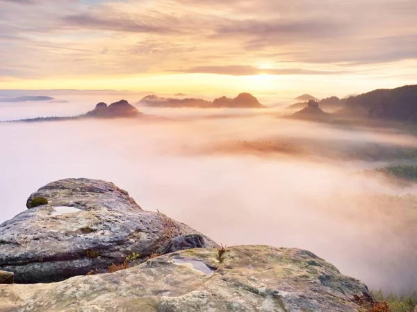 Vue sur le bord pointu du grès dans une longue vallée pleine de brume automnale. La vallée de la forêt brumeuse du parc national i — Photo