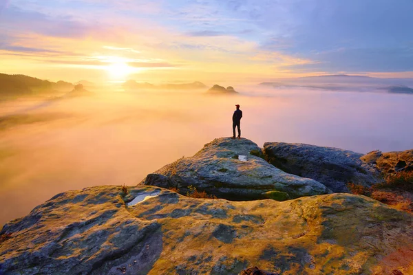 Silhouette uomo posteriore affilato sulla cima rocciosa. Soddisfare escursionista godere della vista. Uomo alto sulla scogliera rocciosa — Foto Stock