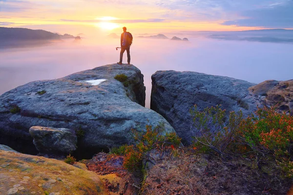Solo turista con pali in mano. Sunny alba di primavera in montagne rocciose. Escursionista con zaino sportivo — Foto Stock