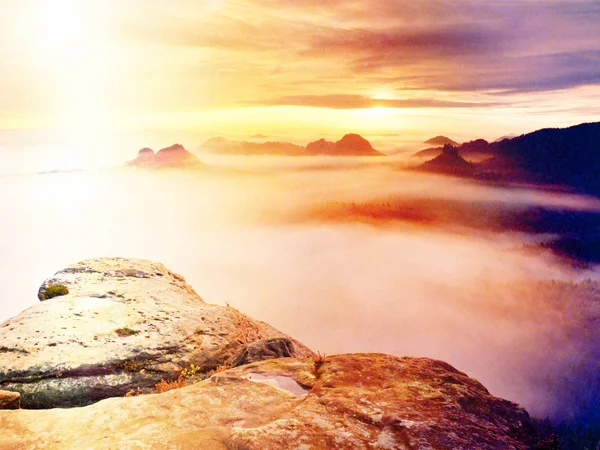 Keskin kumtaşı kenar üzerinde uzun vadide ilk sonbahar sis tam görüntüleyin. Sisli orman Vadisi