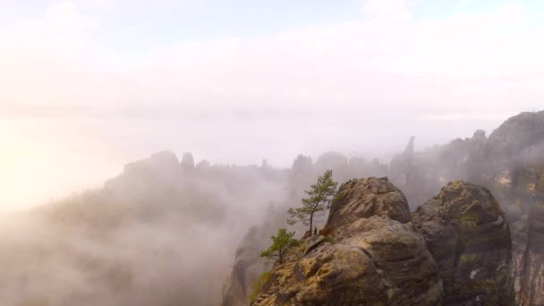 Осеннее туманное утро на скалистых башнях Шраммштайна в национальном парке Саксония Швейцария, Германия. Популярные альпинисты курорта в густом кремовом тумане . — стоковое видео