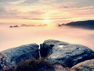 Keskin kumtaşı kenar üzerinde uzun vadide ilk sonbahar sis tam görüntüleyin. Sisli orman Vadisi Milli park ben