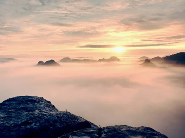秋の朝光の霧の深い谷に露出した岩の上を表示します。夜明けの夢のような霧の風景 — ストック写真