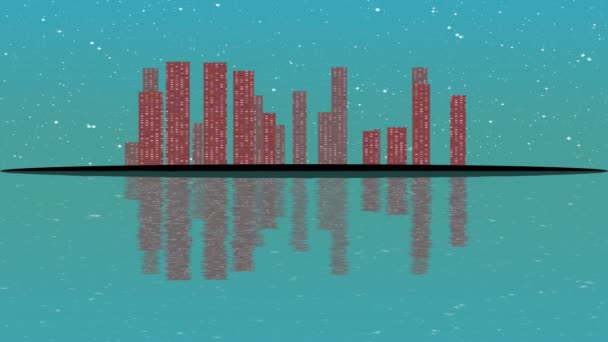 Notte di luna piena, illustrazione del paesaggio urbano con gli edifici di illuminazione sull'isola, grattacieli che brillano nell'oscurità lontana — Video Stock