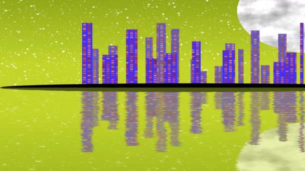 Vollmondnacht, Stadtbild-Illustration mit beleuchteten Gebäuden auf Insel, Wolkenkratzer leuchten in weiter Dunkelheit — Stockvideo