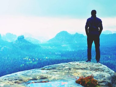 Uzun yürüyüşe çıkan kimse keskin uçurum rock Park üzerinde izlemek üzerinde ağır sis