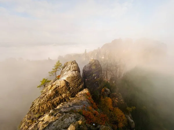 Distant mountain range and heavy clouds of colorful  mist above deep valleys — Stock Photo, Image