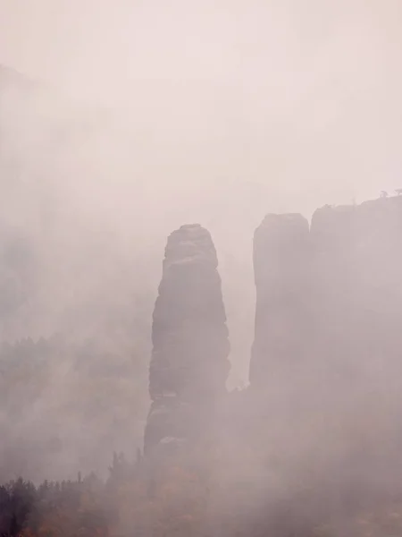 Outono nascer do sol em uma bela montanha dentro de inversão. Picos de colinas tira névoa grossa — Fotografia de Stock