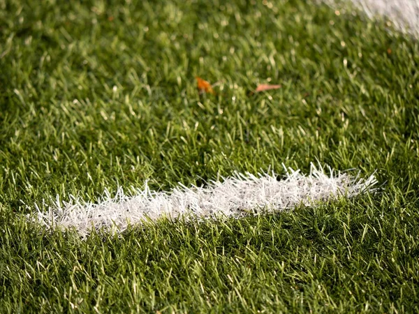 球场的边界。特写视图到白线在操场上玩足球。详细的白线 — 图库照片