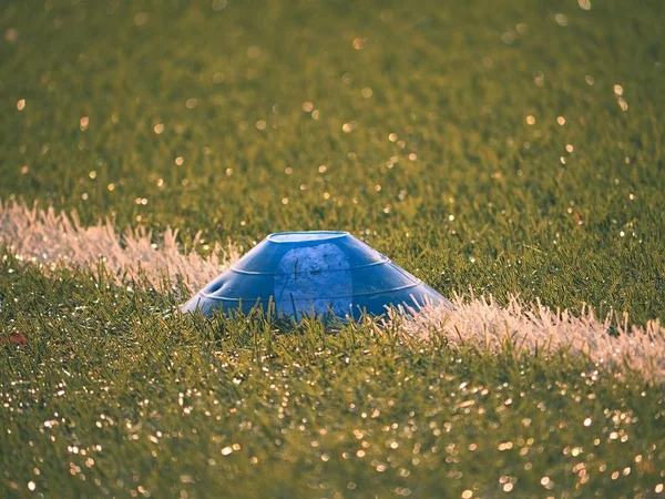 Cono de plástico azul verde brillante sobre línea blanca pintada. Fútbol plástico césped verde parque infantil con moler caucho negro en el núcleo . —  Fotos de Stock