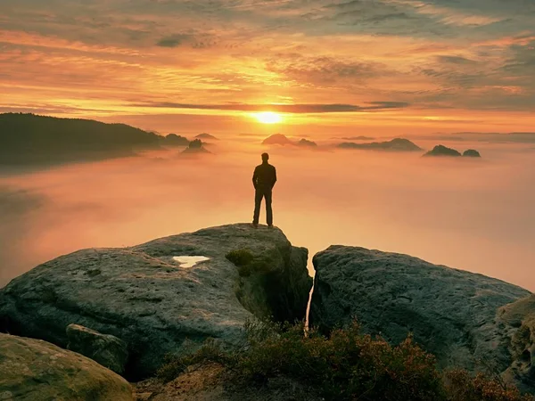 Man stands alone on the peak of rock. Hiker watching to autumn  Sun at horizon . Beautiful moment the miracle of nature. Colorful mist in valley. Man hike. Person silhouette stand — Stock Photo, Image