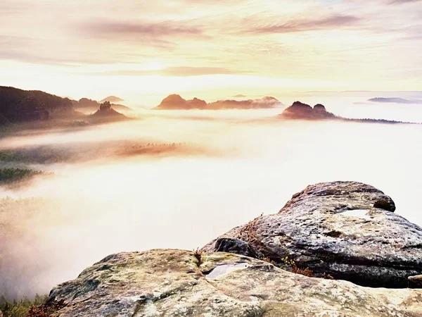 Automne tôt le matin vue sur les rochers de grès pour tomber vallée de la Saxe Suisse. Pics de grès — Photo