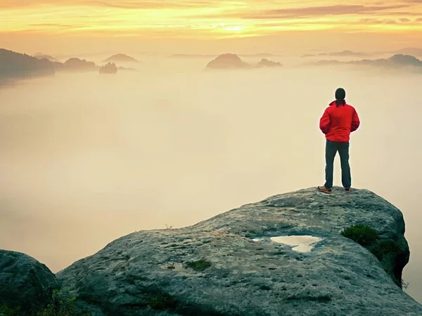 Человек-турист на вершине горы. Чудесный рассвет осенью туманный пейзаж. Солнце, скрытое в облаках — стоковое фото