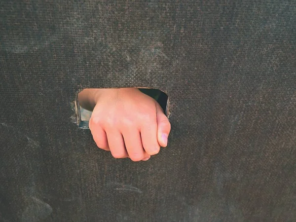 Дитяча рука з маленькими пальцями через отвір в дерев'яній скелелазіння на стіні драбини на дитячому майданчику — стокове фото